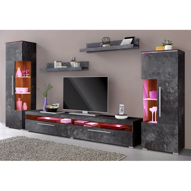 INOSIGN Wohnwand India,Breite 290cm moderne Mediawand ohne Beleuchtung, (Set, 5-St, fdete), Anbuwand (Set,5-St, 2xVitrine, 1TV-Schrank, 2xWandregal) viel Stauraum – Bild 4