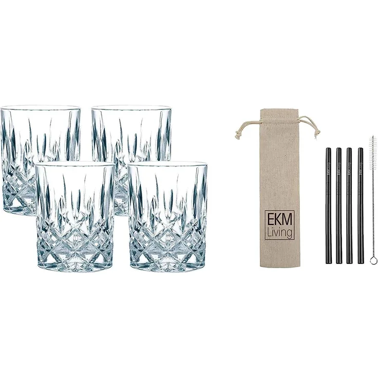 Nachtmann Whisky 4er Set Noblesse 89207 + 4er Set EKM Living Edelstahl Strohhalme (schwarz)