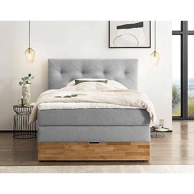 Belanoti MARBO Boxspringbett 140x200 mit Bettkasten 7-Zonen Taschenfederkern Matratze inklusive Visco Topper Bett 140x200 Eiche in der Farbe Hellgrau H2/H3 Polsterbett mit Massivholz Eiche – Bild 7