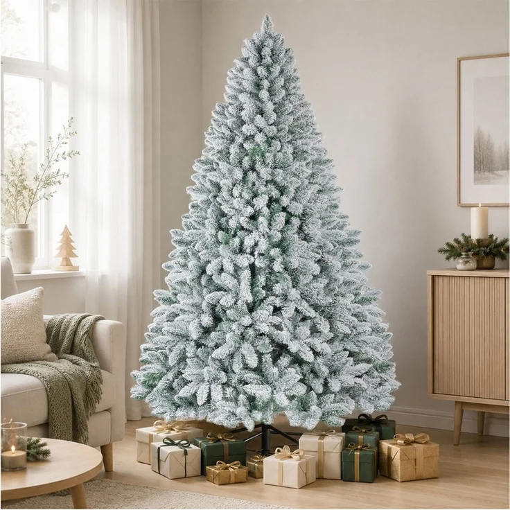 WHEELYOU Künstlicher Weihnachtsbaum 210 cm Dicht beflockte Schneetanne, PVC, Lichterkette, 8 Modi, Dicht beflockte PVC-Schneetanne, volle Zweige, markanter Winterlook, Warmgelbe Lichterkette, 8 Modi, dichte Beflockung, Metallständer – Bild 2