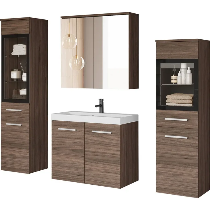 welltime Badmöbel-Set MADRIT II, Schrank mit Waschbecken, 2 Hänger, Spiegelschrank, (Komplett-Set, 5-St), Hängende Badmöbel mit Glaseinsätzen – in vielen Farben erhältlich