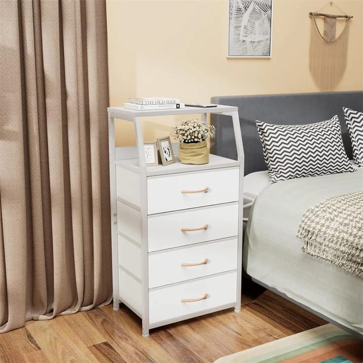 GarveeLife Kommode Schmal Kommodenschrank Mit 4 Schubladen Aus Stoff, Nachttisch Nachtschrank Sideboard Aufbewahrungskommode Mit 2-Tier Holz Regal Für Schlafzimmer, Flur, Wohnzimmer, 41 x 29 x 84.5Cm