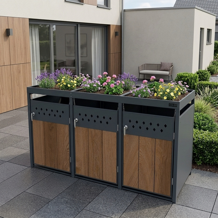 Mülltonnenbox Müllbox Mülltonnenverkleidung 3 Türen Box Pflanzdach Anthrazit