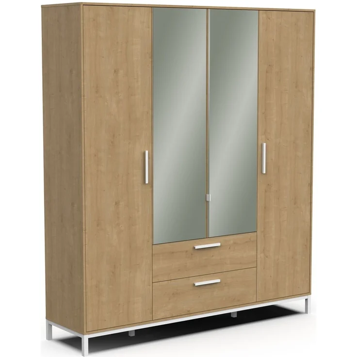 Calicosy Kleiderschrank 4 Drehtüren, 2 Spiegel und 2 Schubladen Eiche- und Weißdekor matt H220 cm - CRAFT - Helles Holz – Bild 3