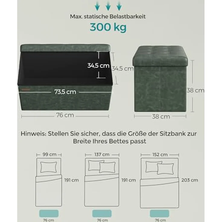 Songmics Sitzhocker Sitztruhe Sitzbank, Waldgrün, 76L cm – Bild 4