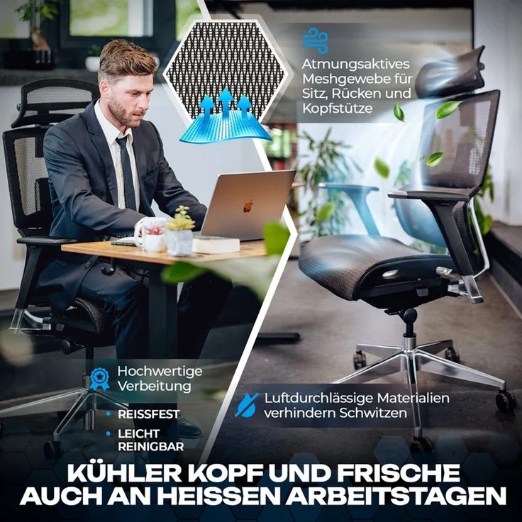 VALKENSTOL M7 MESH-SITZ Bürostuhl ergonomisch mit Schaumstoff Sitz - 5 Jahre Garantie - adaptive Lordosenstütze - tiefenverstellbare und neigbare Sitzfläche – Bild 5