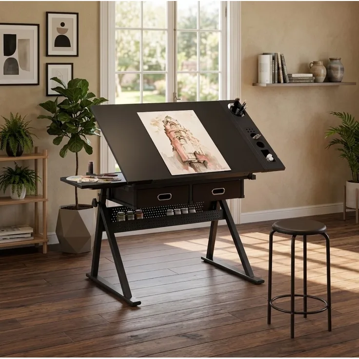 Zeichentisch mit neigbarer MDF-Platte, 2 Schubladen & Hocker, höhenverstellbar, 98x60x91 cm, Schwarz