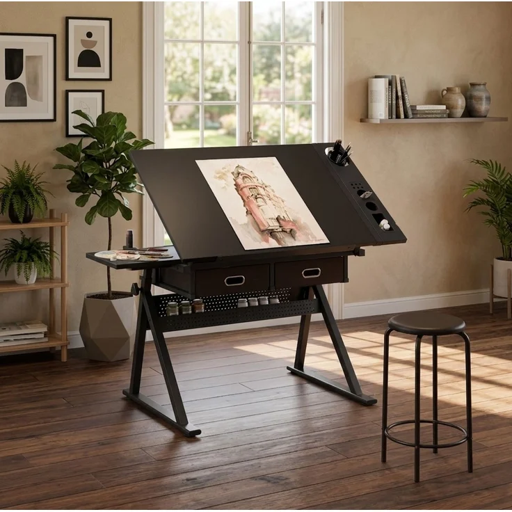 Zeichentisch mit neigbarer MDF-Platte, 2 Schubladen & Hocker, höhenverstellbar, 98x60x91 cm, Schwarz – Bild 1