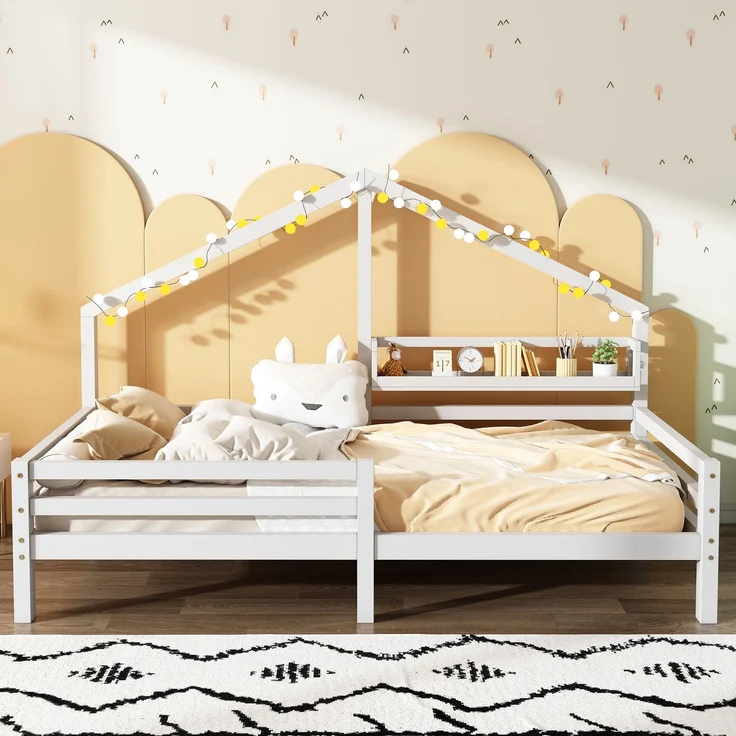 Bett 90x200 cm Hausbett aus Kiefernholz mit Regal – skandinavischer Stil – Bild 2