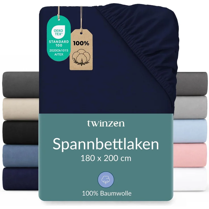 Twinzen Spannbettlaken Baumwoll-Jersey 180x200 Dunkelblau Steghöhe 30 cm