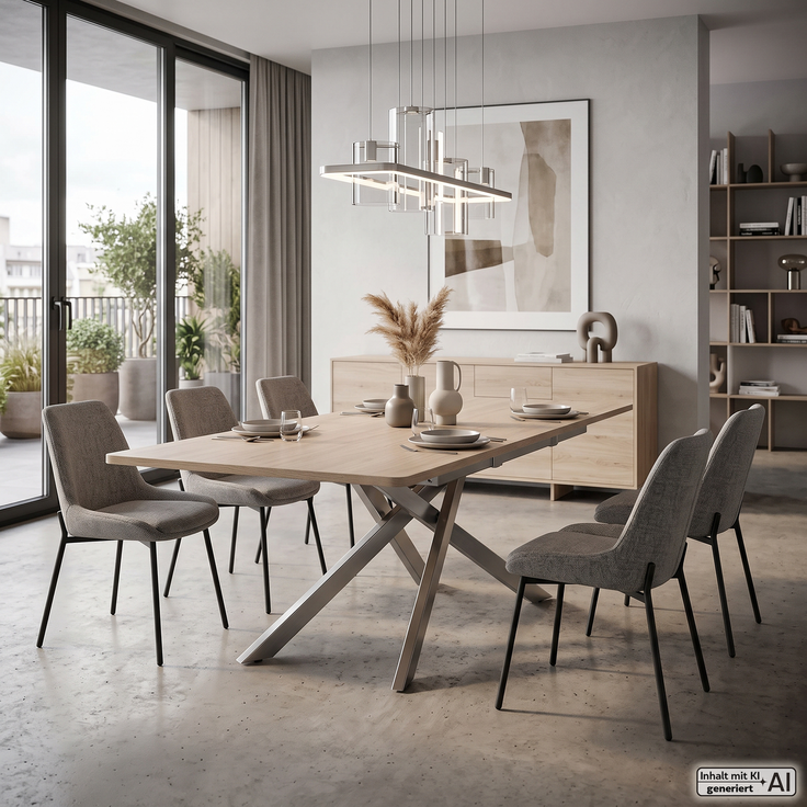 Wohn Schick TOKIO Auszugstisch 90x160,Tischplatte: MDF-HPL Eiche,Gestell: Edelstahl gebürstet - H 76 cm x T 90 cm x B 160 cm – Bild 3