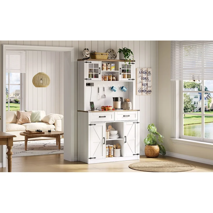 ZUBALIYA Buffetschrank 100x40x172 cm, mit LED-Beleuchtung, mit Steckdosen, mit verstellbaren Einlegeböden, aus MDF, Braun / Weiß – Bild 19