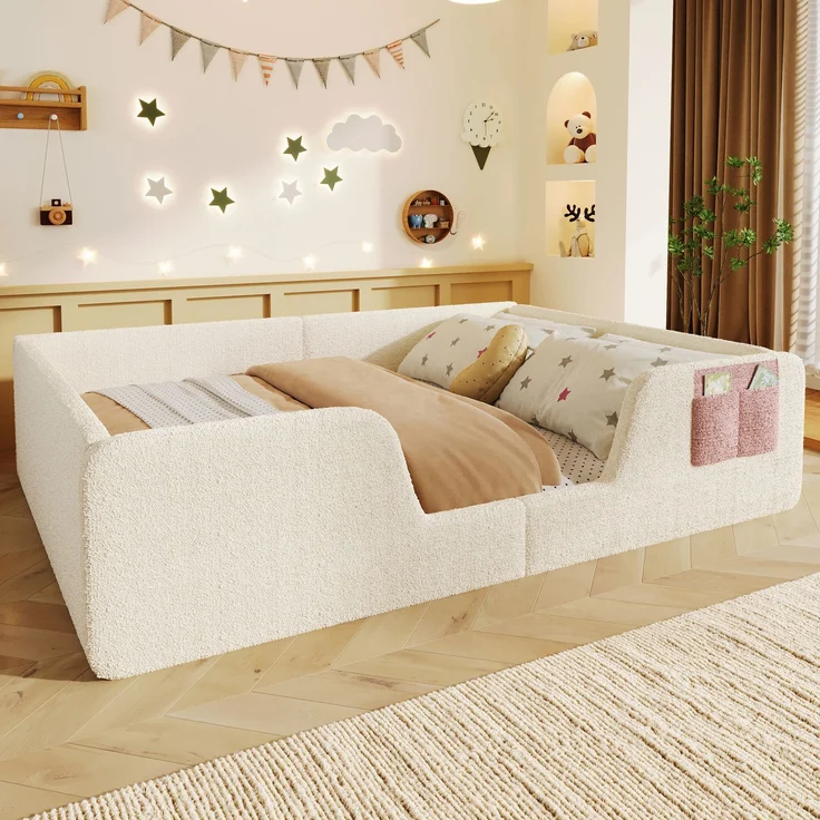 EINHOM Polsterbett, 140 × 190 cm, ohne Matratze, abnehmbare Sicherheitsgitter, integrierte Stofftasche zur Aufbewahrung, einzigartiger Samt, Beige (Ohne Matratze) – Bild 6