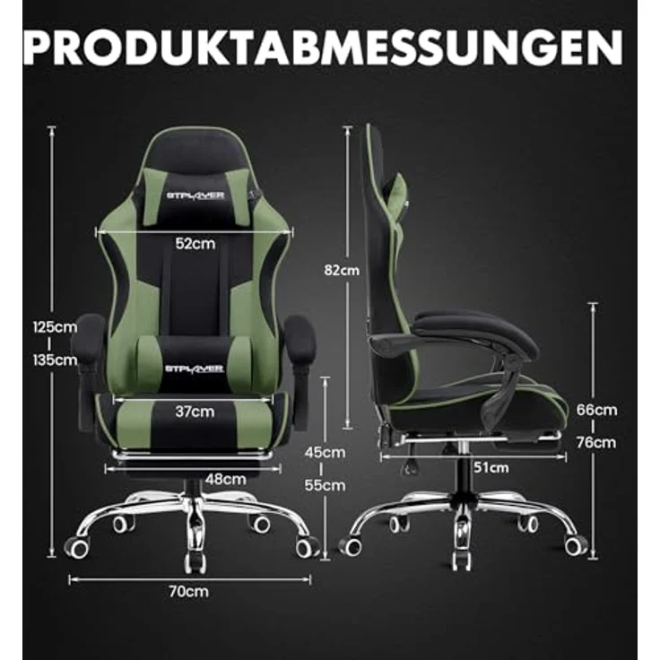 GTPLAYER Gaming Stuhl, Bürostuhl, Ergonomischer Pc Stuhl, Gaming Sessel mit Massagelendenwirbelstütze, Task Stühle mit Fußstütze und Kopfstütze, Grün Stoff – Bild 4