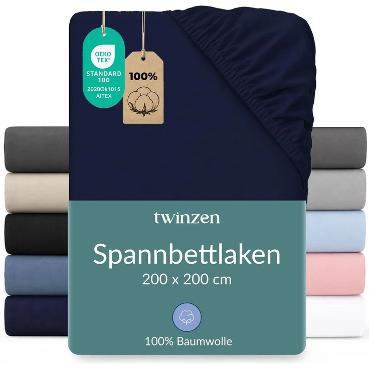 Twinzen Spannbettlaken Baumwoll-Jersey 200x200 Dunkelblau Steghöhe 30 cm