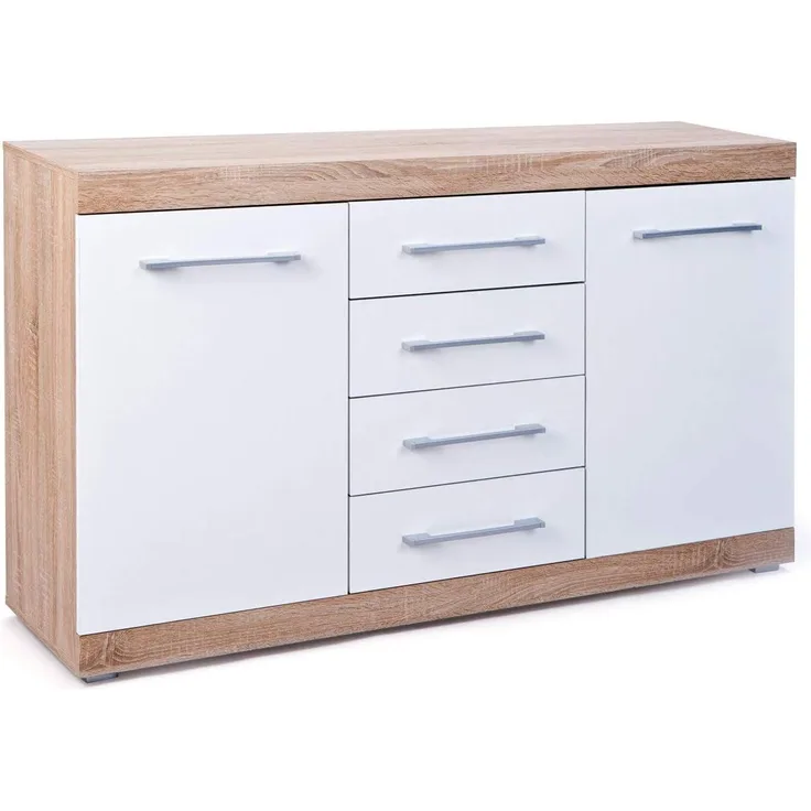 'Lubef' Sideboard Weiß Hochglanz/ Eiche Dekor, 155 cm