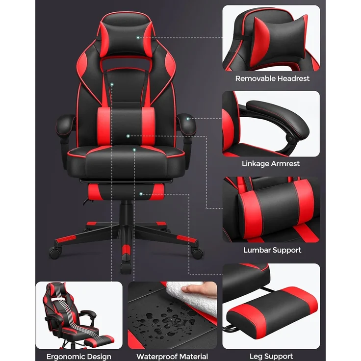 Songmics Bürostuhl, ausziehbare Fußstütze, Kopfkissen, Lendenkissen, höhenverstellbar, ergonomisch, neigbare Rückenlehne, bis 150 kg belastbar, schwarz-rot – Bild 3