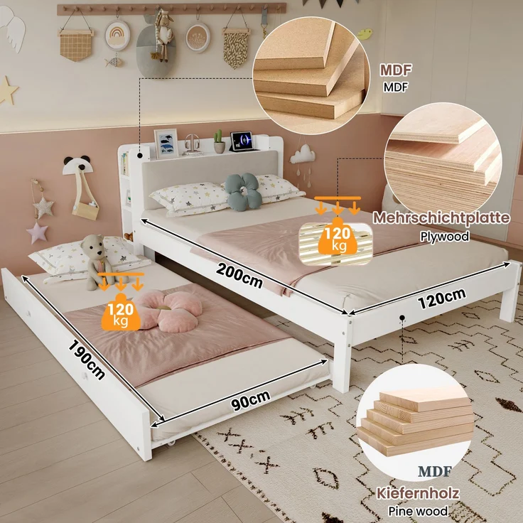 EINHOM Funktionsbett 120 × 200 cm Weiß mit Ausziehbett 90 × 190 cm, Holzbett mit gepolstertem Kopfteil, Kopfteilregal, Ladestation und offenem Stauraum, platzsparendes Gästebett (Ohne Matratze) – Bild 4