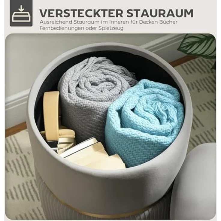 HOMCOM Sitzhocker Polsterhocker mit Samtoptik (Runder Hocker, 1 St, Polsterhocker), für Wohnzimmer, Schlafzimmer, Hellgrau – Bild 4