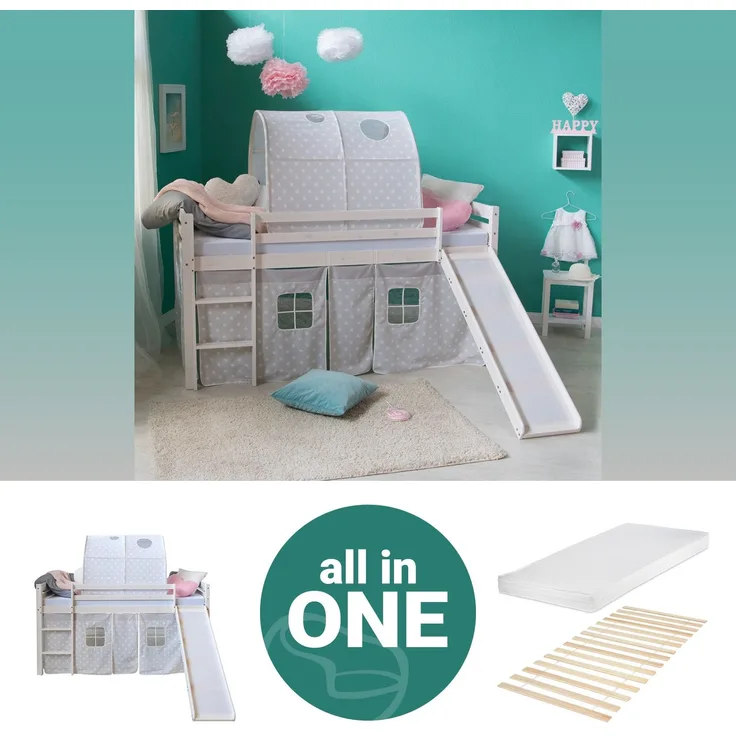 Hochbett mit Matratze 90x200 Rutsche Stockbett Weiß Kinderbett Holz Kiefer Vorhang Tunnel Sterne grau Lattenrost