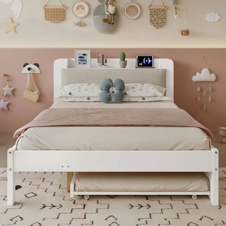 Merax Einzelbett, Funktionsbett mit Ausziehbett 90x190 cm, Holzbett mit gepolstertem Kopfteil, Kopfteilregal, Ladestation und offenem Stauraum, Weiß, 120x200 cm – Bild 3