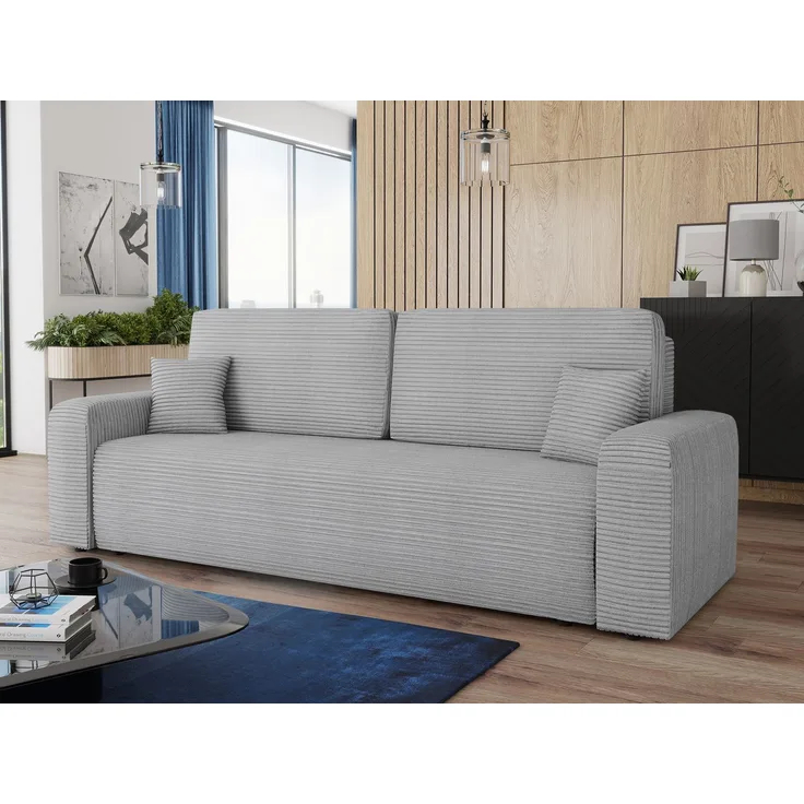 Schlafsofa Spark – Sofa mit Schlaffunktion und Bettkasten, Bonellfederkern, Cordbezug, große Schlaffläche, modernes Polstersofa & Bettsofa (Grau (Poso 110))