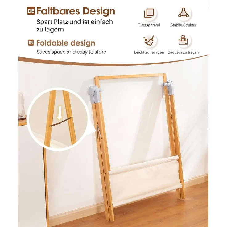 Yorbay Kleiderständer Bambus Garderobenständer mit Aufbewahrungskiste, Freistehender, (Kleiderständer mit Stoffsäcken, Faltbarer Garderobe), zum Aufbewahren von Kleidung 80 x 45 x 177 cm – Bild 6
