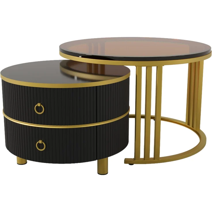 Couchtisch 2-teilig Set mit brauner Glasplatte Hochglanz, Schubladen, Gold Metallbeine,Gold und Schwarz – Bild 8