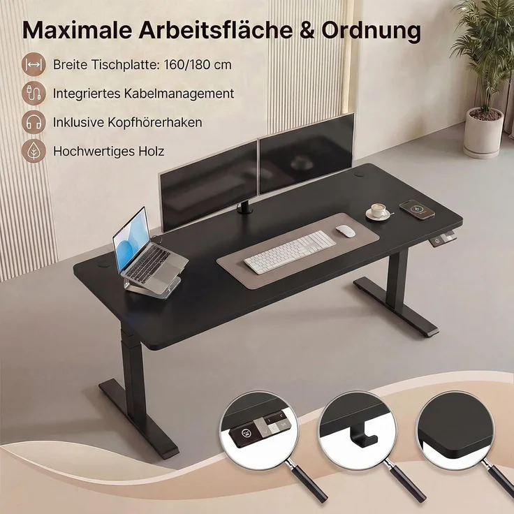 Devoko Höhenverstellbarer Schreibtisch 160x80 cm elektrisch, Höhenverstellung 63-128 cm mit Smart Control, 125 kg Tragkraft, für gesundes Arbeiten – Bild 5