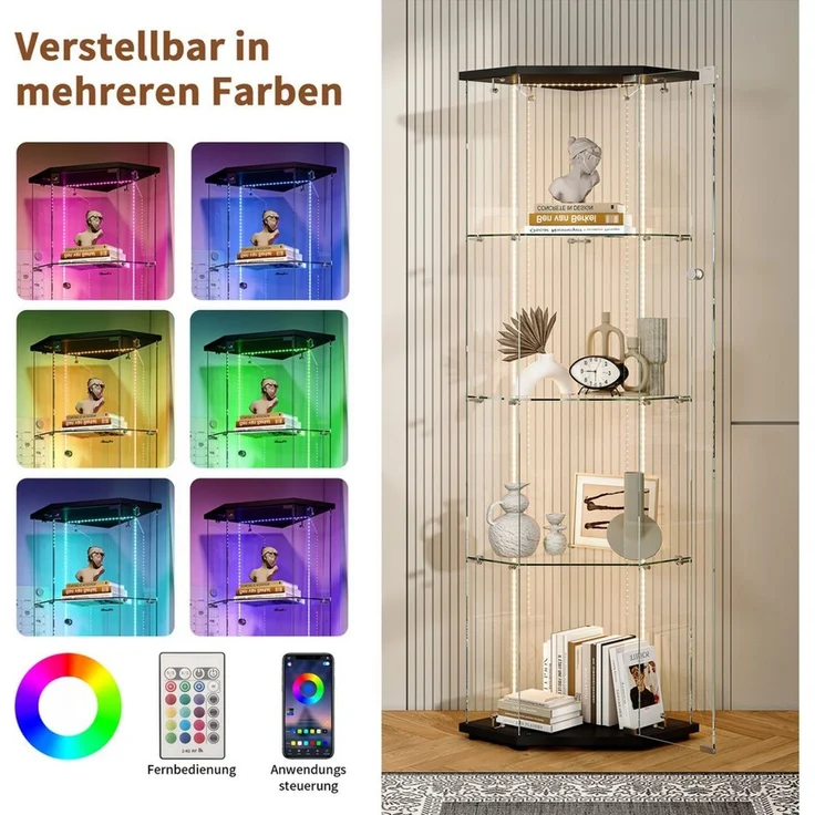 Simurq Glasvitrine Eckvitrine 162cm LED Sammlervitrine,4 Lagen Eck-Glasvitrine Stehend (Packung, Sammlervitrine Schauvitrine mit 1 türen und Schloss, Gehärtetes Glas) LED-Streifenbeleuchtung, Mit Schloss,Fünfeckiges Design,Einzeltür – Bild 4