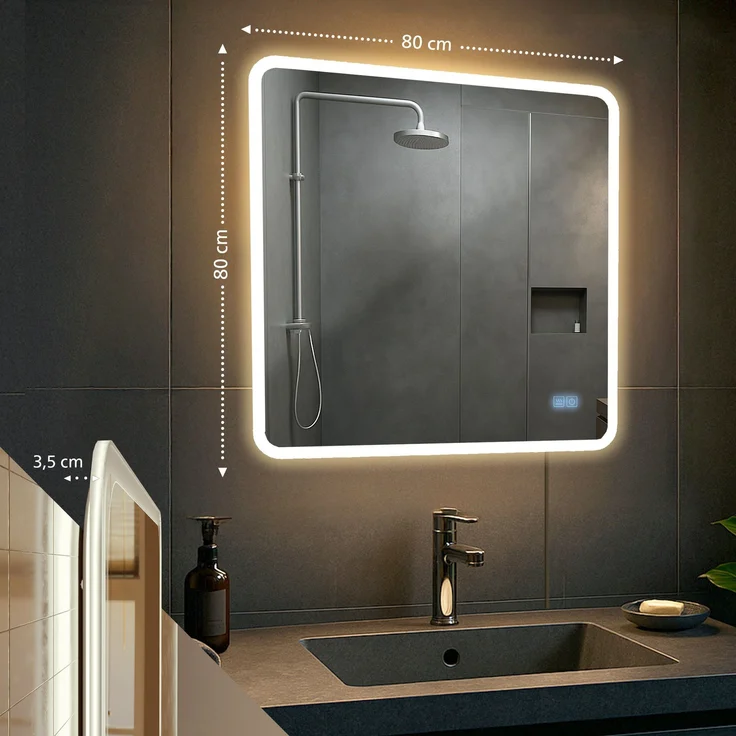 CLP Badspiegel Jericho Bluetooth-Lautsprecher Anti-Beschlag LED-Beleuchtung dimmbar,80x80 cm – Bild 2