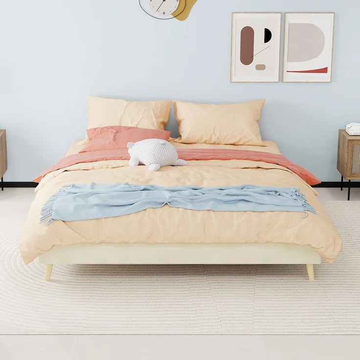 Novelux Modernes Bettgestell 160x200 cm Beige Samt - Plattformbett ohne Kopfteil, Minimalistisches Holzbett, Niedriges Bett für Modernes Schlafzimmer – Bild 9
