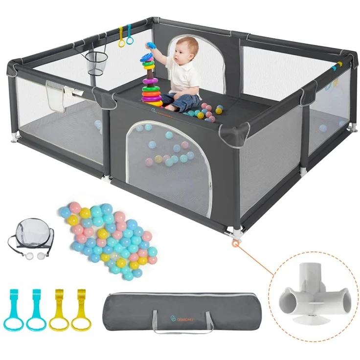 COMOMY Laufstall Baby, 180 x 200 x 66 cm Laufgitter Baby Große xxl Sicherheitsspielplatz Schutzgitter für Kinder mit Weichem Netz, Rutschfestem Oxford Bottom, Bällen, Mini-Körbchen und 4 Zugringen, Grau