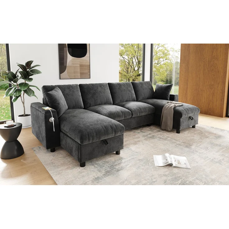 Chenille-U-Sofa mit 2 Stauraum-Chaiselongues, USB und USB-C, gepolsterte modulare Wohnlandschaft 279 cm mit Taschenfederkern, Grau – Bild 12
