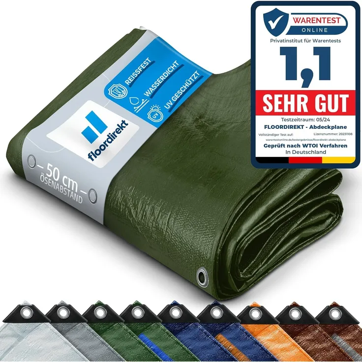Floordirekt Abdeckplane Gewebeplane Schutzplane Bootsplane Zeltunterlage für Camping & Outdoor Garten wasserdichte Planemit Ösen Viele Größen & Farben 10x15 m, 150m² 240 g/m², Grün