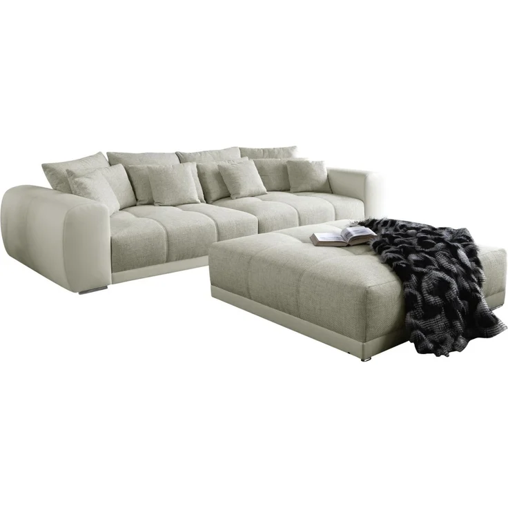 Big-Sofa XXL 306 cm Federkern Lounge Couch Kunstleder Weiß und Stoff Grau Beige – Bild 6