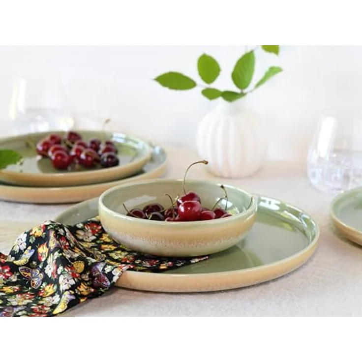 Creatable Tafelservice Uno Emiliana, 12-teilig, creme und grün, keramisch, mit Blumenmotiven, lebensmittelecht und stapelbar – Bild 5