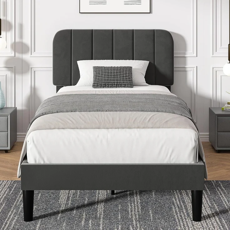 VECELO Polsterbett 90x200 cm, geräuscharmes Einzelbett mit höhenverstellbarem Kopfteil, Lattenrost und weichem Samtbezug, stabiles Bettgestell mit Metallrahmen, Jugendbett für Schlafzimmer, Grau