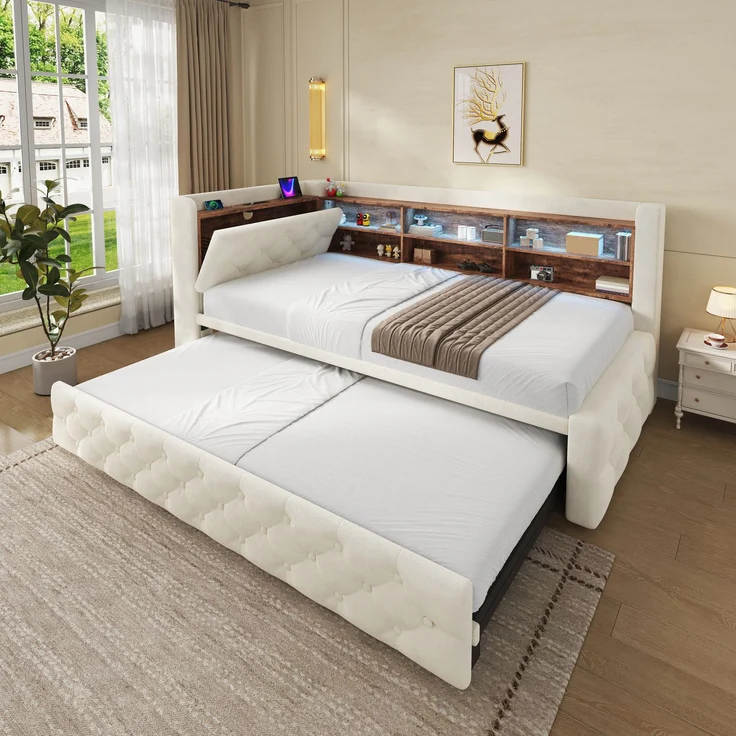 ZUBALIYA Tagesbett, mit Stauraum, mit LED-Beleuchtung, mit USB-C-Anschluss, inklusive Lattenrost, mit Schlaffunktion, Liegefläche 90 × 190 cm, H 84 × T 211 × B 181 cm, Beige, Samt – Bild 9
