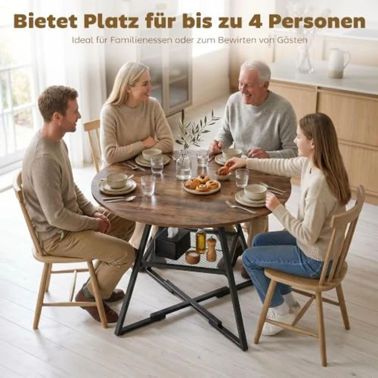 HOMCOM Esstisch Küchentisch für 4 Personen, Esszimmertisch, Rustikal-Braun (Tisch, 1-St, Küchenisch), Runder Esstisch mit Stauraum und Metallbeinen – Bild 4