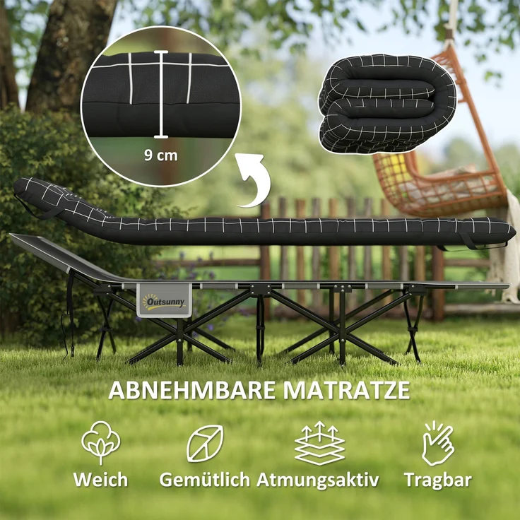 Klappbares Campingbett, Feldbett mit Matratze, ergonomisch, Metallrahmen, Schwarz--Schwarz--37x67x190cm--YOUDENOVA – Bild 6