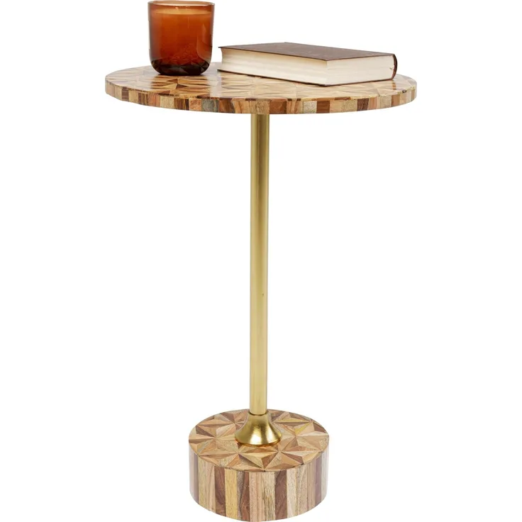 Kare Design Beistelltisch Domero Geo, Gold/Braun, Durchmesser 40 cm, Handgearbeitet, Couchtisch, Rund, Stahlgestell, Intarsien-Muster, Modern, Wohnzimmer