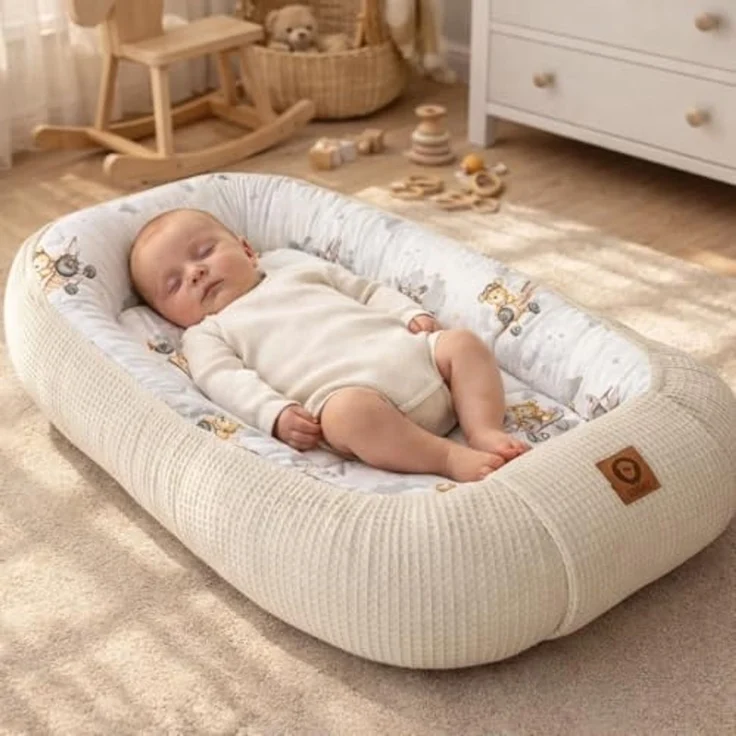 Babynestchen Neugeborene – Nestchen Baby aus Waffel Baumwolle & Baumwollstoff – Babynest für Babybett & Kinderbett – Baby Kokon Tragbar – OEKO-TEX – Zubehör für Babybett - Flugzeuge und Hellbeige – Bild 2
