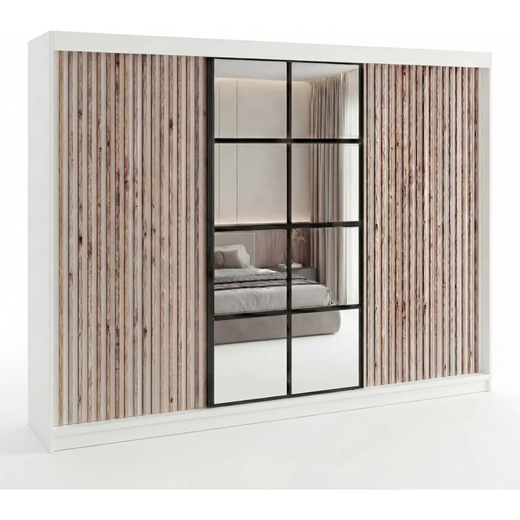 A&J MöbelLand 'NORIVO' Schwebetürenschrank, 200 cm, mit Spiegel und 3D-Lamellen, Weiß, Lamellen: Weiß, Premium + – Bild 1
