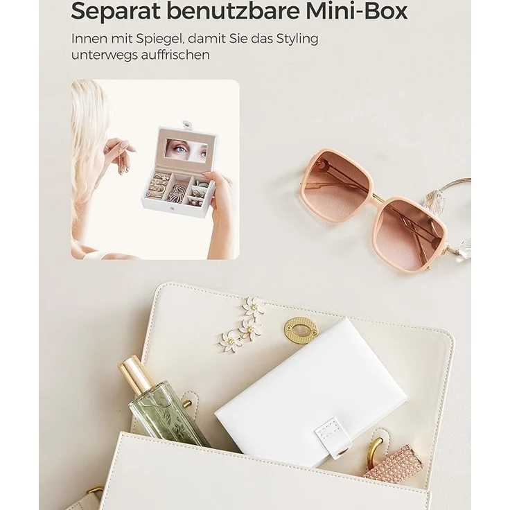 Songmics Schmuckkästchen mit 2 Schubladen und tragbarer Mini-Box für Reisen, abschließbar, MDF weiß, 17 x 18 x 26 cm – Bild 3