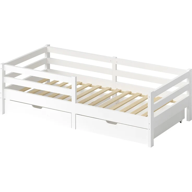 Bellabino 'Iskri' Kinderbett 90x200 cm mit 2 Schubladen inkl. Matratze, weiß, Massivholz Kiefer, Jugendbett mit Rausfallschutz und Lattenrost – Bild 2