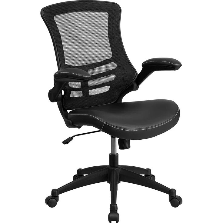 Flash Furniture Bürostuhl mit mittelhoher Rückenlehne – Ergonomischer Schreibtischstuhl mit hochklappbaren Armlehnen und LeatherSoft-Material – Perfekt für Home Office oder Büro – Schwarz