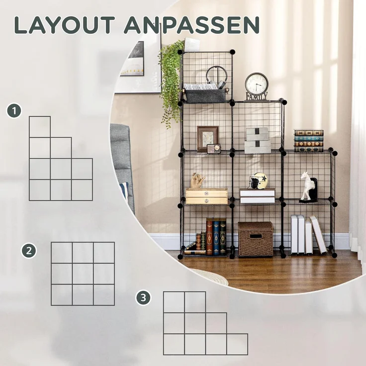 HOMCOM Steckregal Steckregal aus Stahldraht, DIY Würfelregal, 9 Fächer, Schuhregal 9-tlg, Schwarz, 35 x 35 x 35 cm je Würfel – Bild 4