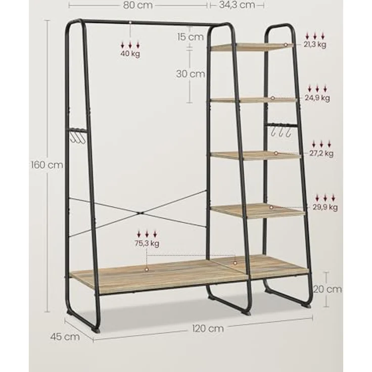 VASAGLE Kleiderständer, Garderobenständer, 45 x 120 x 160 cm Garderobe, Kleiderstange, Schuhablage, offener Kleiderschrank, 6 Haken abnehmbar, Schlafzimmer Flur, türkisbraun-Mattschwarz RGR116K01 – Bild 7