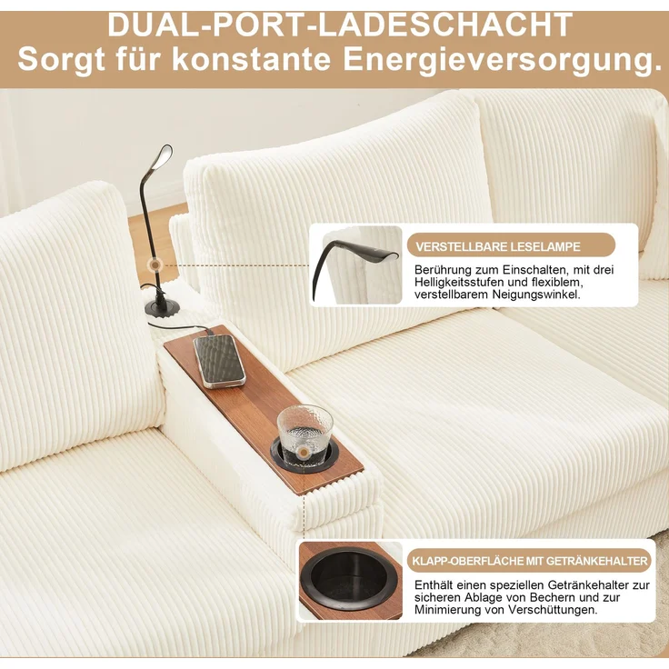6-Sitzer Wohnlandschaft B 334 x T 128,5 x H 81 cm aus Cord mit USB, Type-C und LED – Bild 7